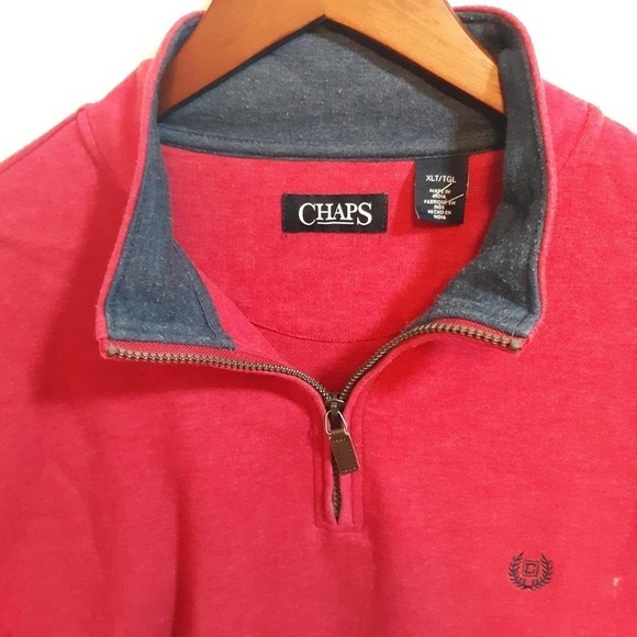 Ralph Lauren's Chaps Men's Heathered Red 1/4 Zip Sweatshirt Navy Logo Size XLT - Picture 3 of 5